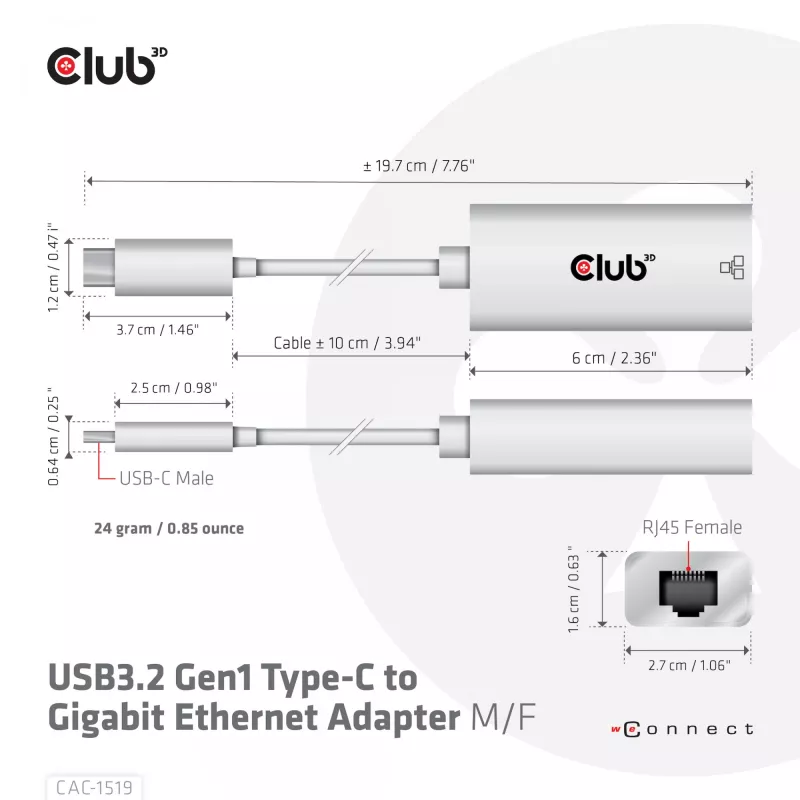 Adattatore USB3.2 Gen1 Type-C a Gigabit Ethernet CLUB3D CAC-1519
