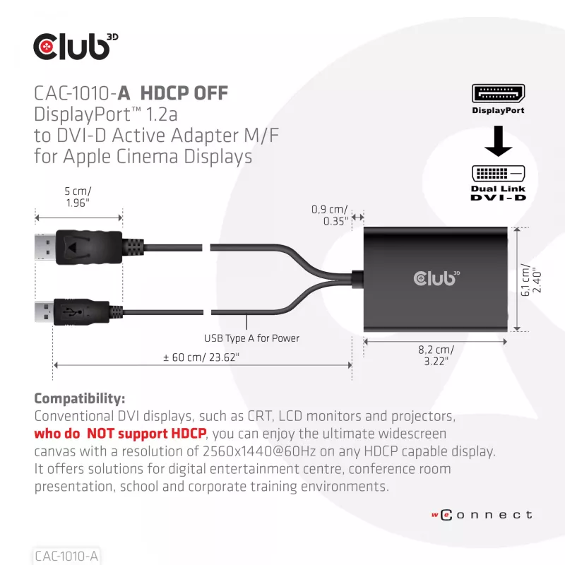 Club 3D CAC-1010-A adattatore attivo da DisplayPort a Dual Link DVI-D, DisplayPort 1.2a, alimentato via USB, HDCP OFF, 0,6 m, nero