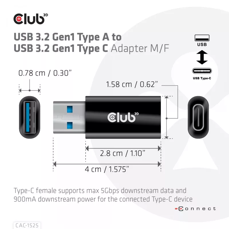 CLUB3D adattatore USB 3.2 Gen1 tipo A a USB 3.2 Gen1 tipo C M/F
