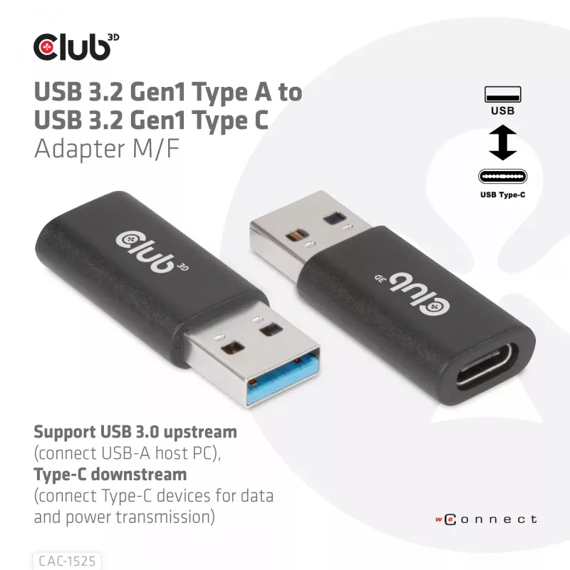 CLUB3D adattatore USB 3.2 Gen1 tipo A a USB 3.2 Gen1 tipo C M/F