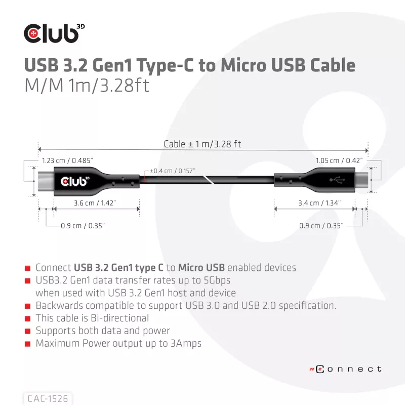 Cavo CLUB3D USB 3.2 Gen1 Type-C a Micro-USB M/M 1 m / 3,28 ft