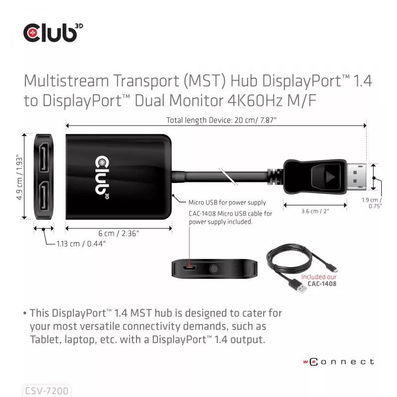 Hub MST DisplayPort 1.4 su DisplayPort + HDMI 4K60Hz CLUB3D CSV-7220
