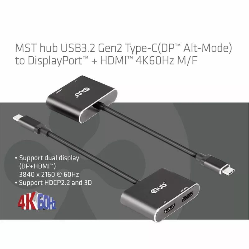Hub MST CLUB3D USB3.2 Gen2 Type-C (DP Alt-Mode) su DisplayPort + HDMI 4K60Hz M/F
