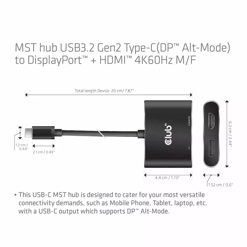 Hub MST CLUB3D USB3.2 Gen2 Type-C (DP Alt-Mode) su DisplayPort + HDMI 4K60Hz M/F