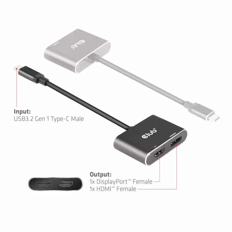 Hub MST CLUB3D USB3.2 Gen2 Type-C (DP Alt-Mode) su DisplayPort + HDMI 4K60Hz M/F