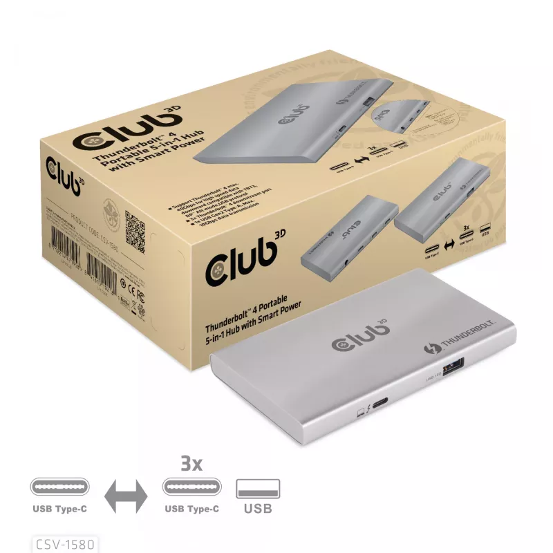 CLUB3D hub portatile 5-in-1 Thunderbolt™4 certificato con Smart Power