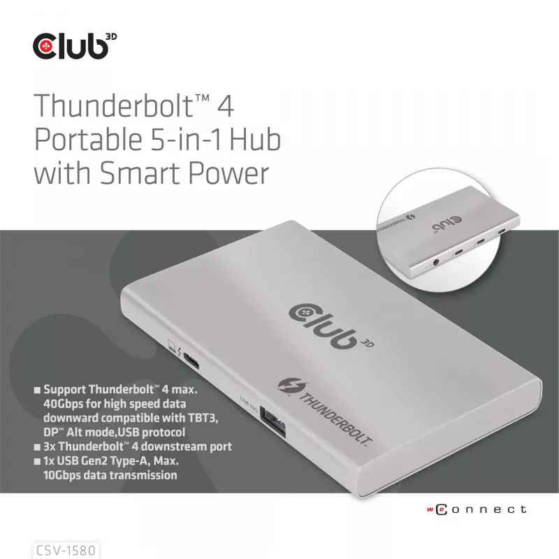 CLUB3D hub portatile 5-in-1 Thunderbolt™4 certificato con Smart Power
