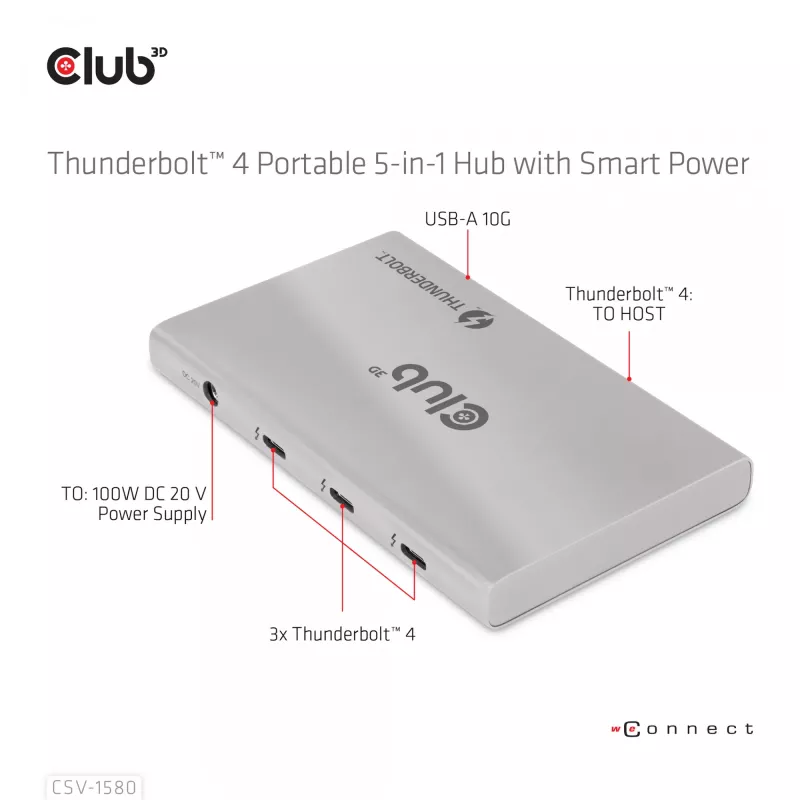 CLUB3D hub portatile 5-in-1 Thunderbolt™4 certificato con Smart Power