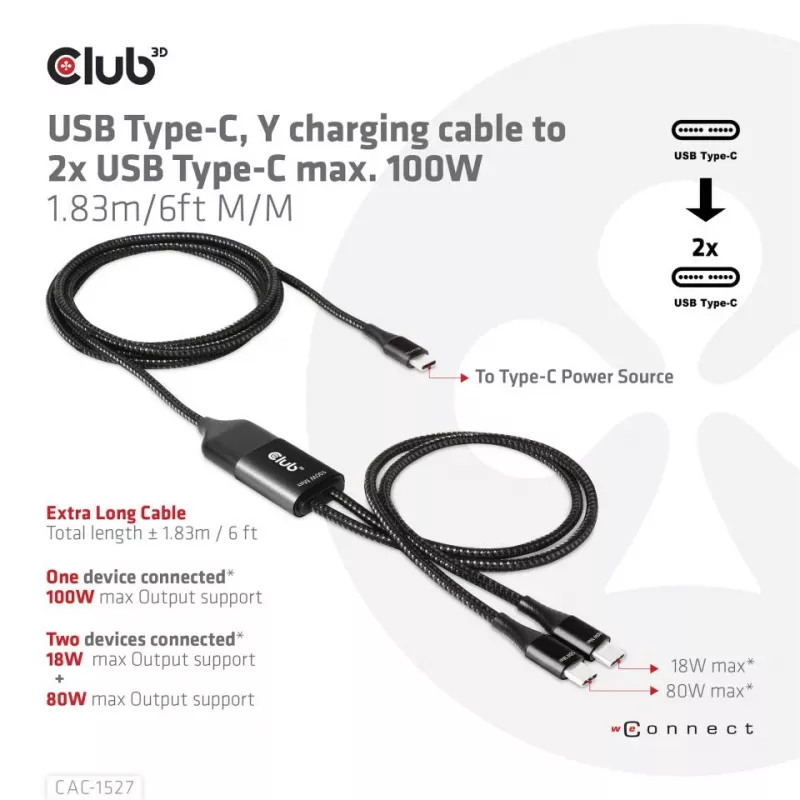 CLUB3D cavo di ricarica a Y USB Type-C a 2x USB Type-C, max. 100W, 1,83m/6ft M/M