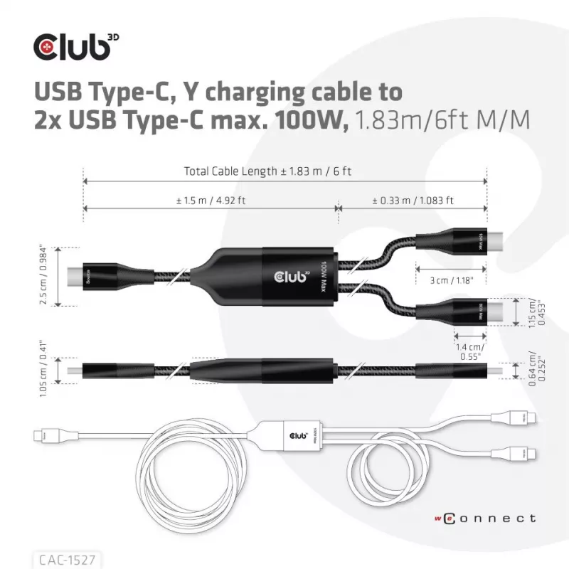 CLUB3D cavo di ricarica a Y USB Type-C a 2x USB Type-C, max. 100W, 1,83m/6ft M/M