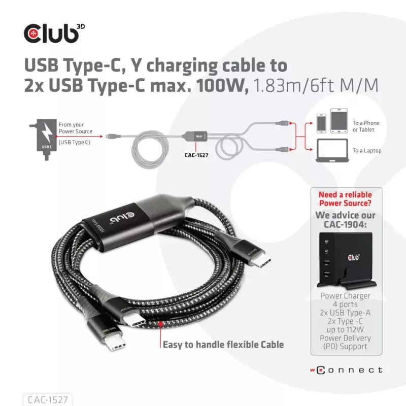 CLUB3D cavo di ricarica a Y USB Type-C a 2x USB Type-C, max. 100W, 1,83m/6ft M/M