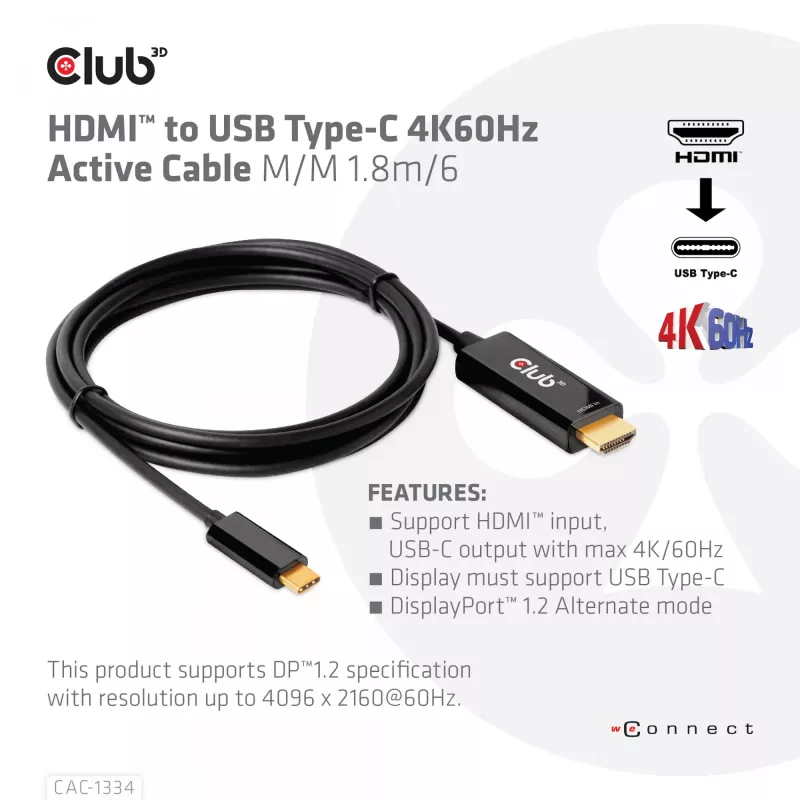 Cavo attivo CLUB3D HDMI a USB Type-C 4K60Hz M/M 1,8 m/6 ft