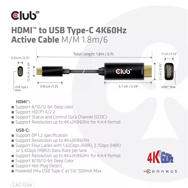 Cavo attivo CLUB3D HDMI a USB Type-C 4K60Hz M/M 1,8 m/6 ft