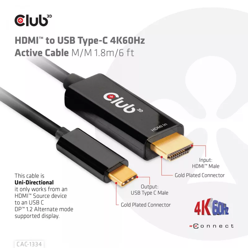 Cavo attivo CLUB3D HDMI a USB Type-C 4K60Hz M/M 1,8 m/6 ft