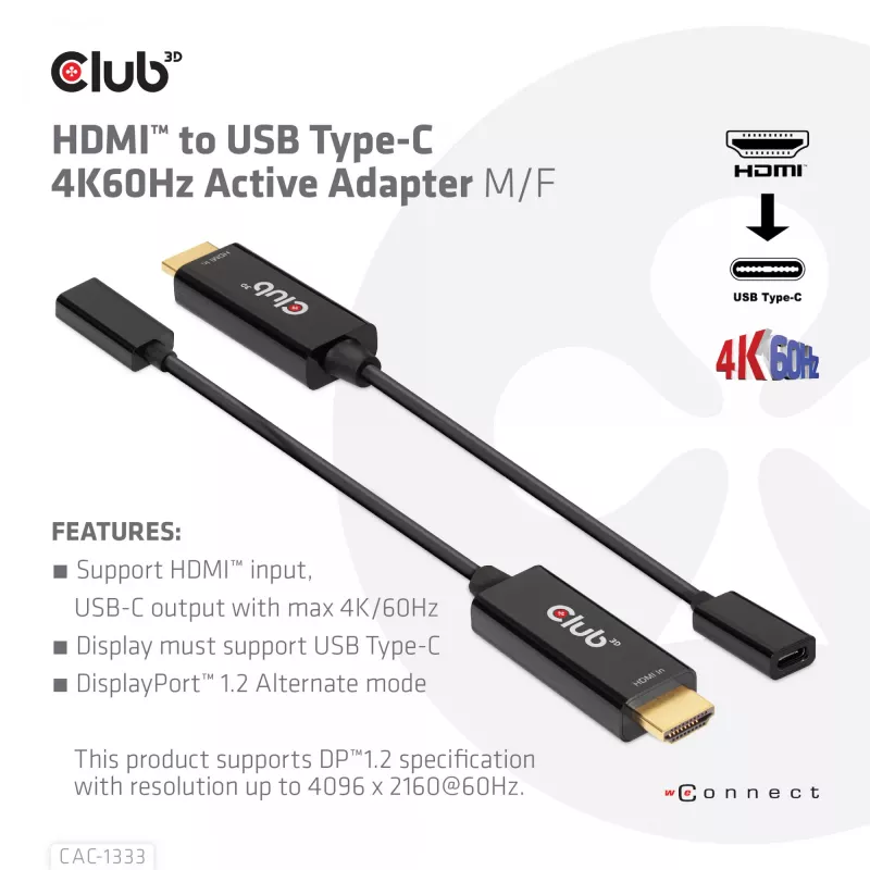 Adattatore attivo CLUB3D HDMI a USB Type-C 4K60Hz M/F
