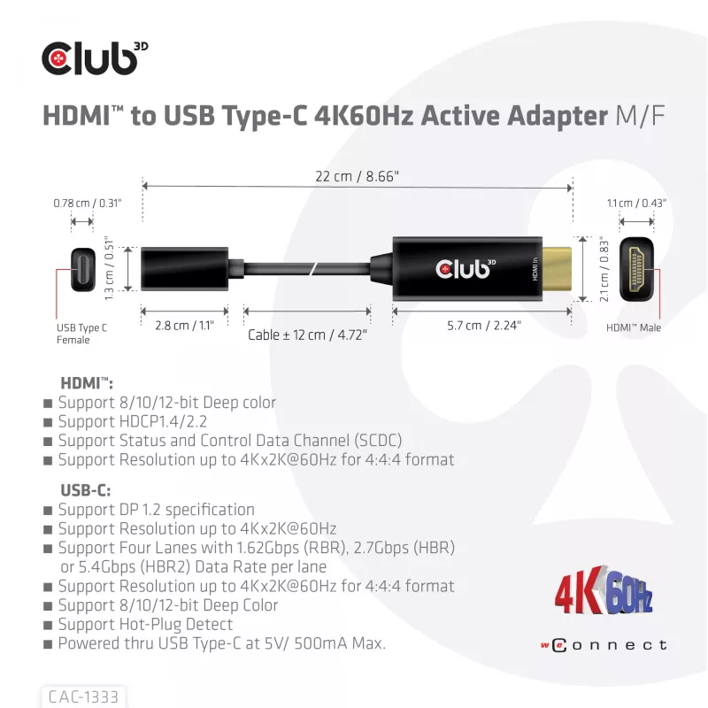 Adattatore attivo CLUB3D HDMI a USB Type-C 4K60Hz M/F