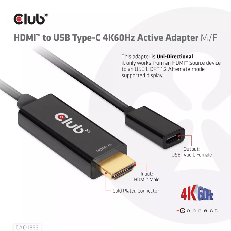 Adattatore attivo CLUB3D HDMI a USB Type-C 4K60Hz M/F