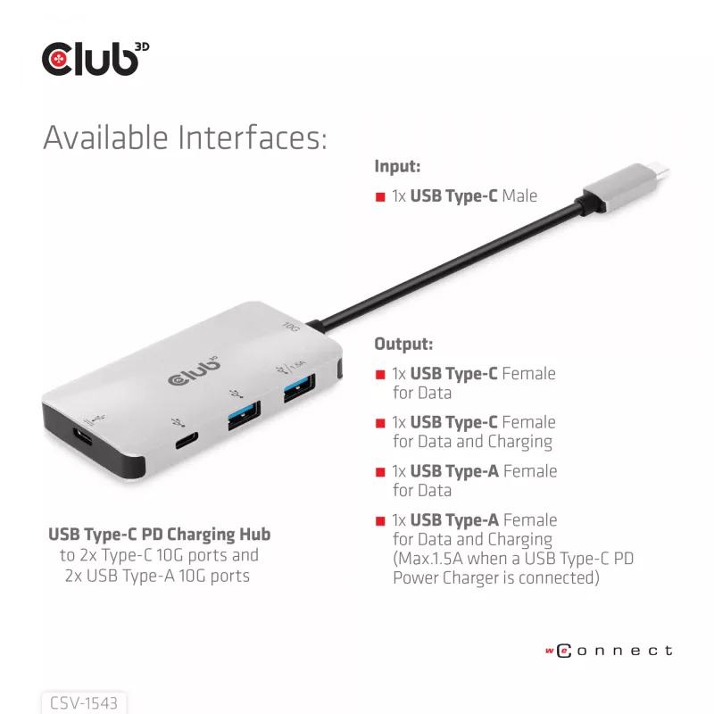 Hub di ricarica CLUB3D USB Gen2 Type-C PD con 2x porte Type-C 10G e 2x porte USB Type-A 10G
