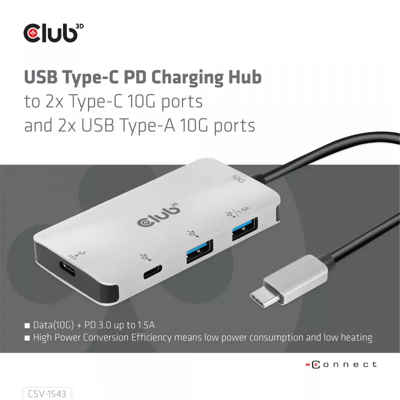 Hub di ricarica CLUB3D USB Gen2 Type-C PD con 2x porte Type-C 10G e 2x porte USB Type-A 10G