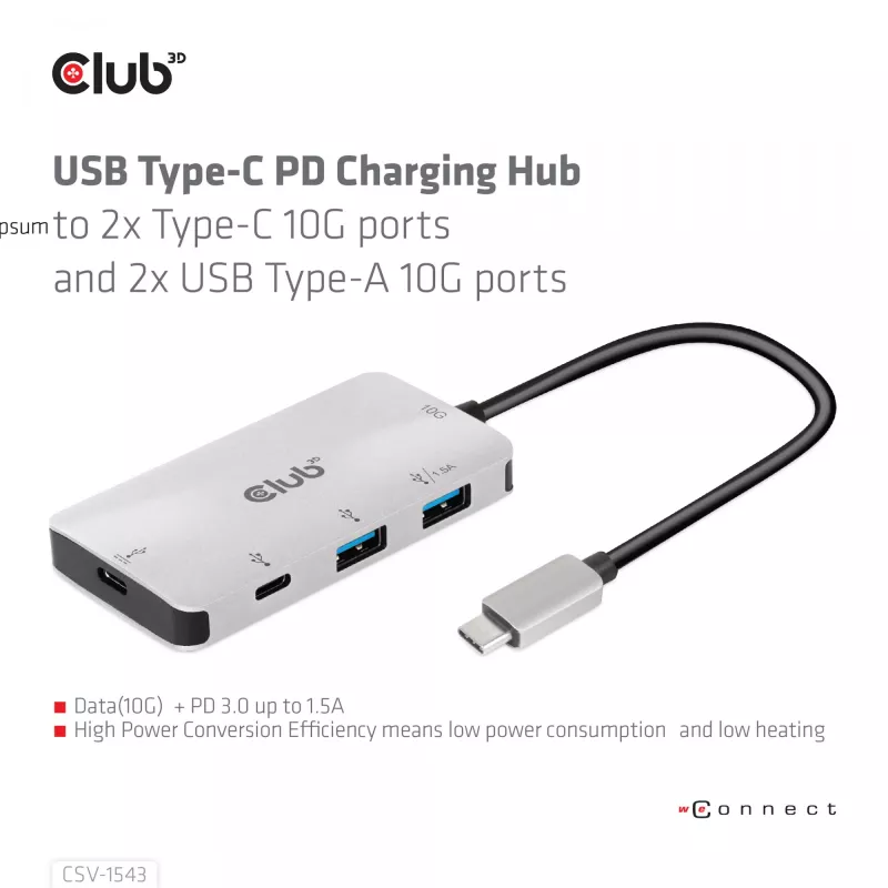 Hub di ricarica CLUB3D USB Gen2 Type-C PD con 2x porte Type-C 10G e 2x porte USB Type-A 10G