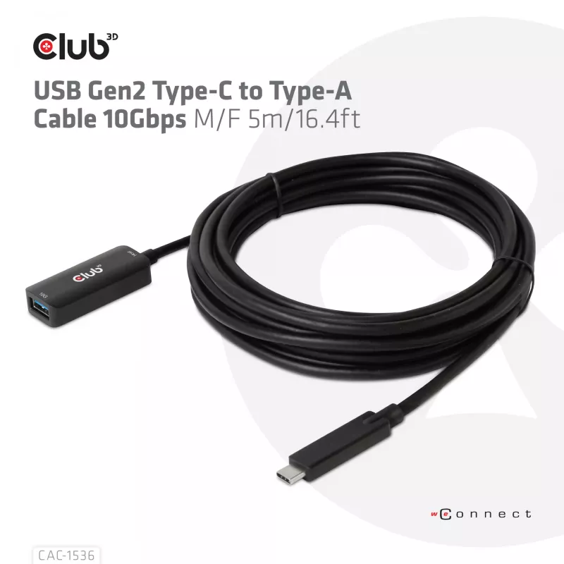 Club 3D CAC-1536 cavo di prolunga USB 3.2 Gen2 da Type-C a Type-A, 10 Gbps, maschio/femmina, 5 m, nero
