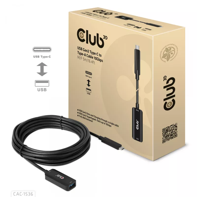 Club 3D CAC-1536 cavo di prolunga USB 3.2 Gen2 da Type-C a Type-A, 10 Gbps, maschio/femmina, 5 m, nero