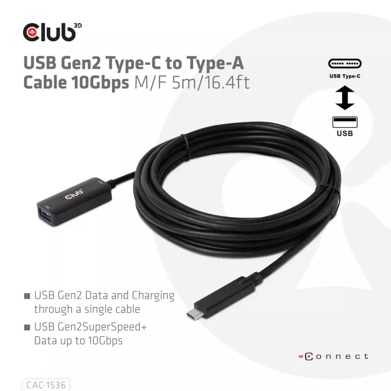 Club 3D CAC-1536 cavo di prolunga USB 3.2 Gen2 da Type-C a Type-A, 10 Gbps, maschio/femmina, 5 m, nero