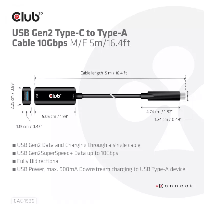 Club 3D CAC-1536 cavo di prolunga USB 3.2 Gen2 da Type-C a Type-A, 10 Gbps, maschio/femmina, 5 m, nero