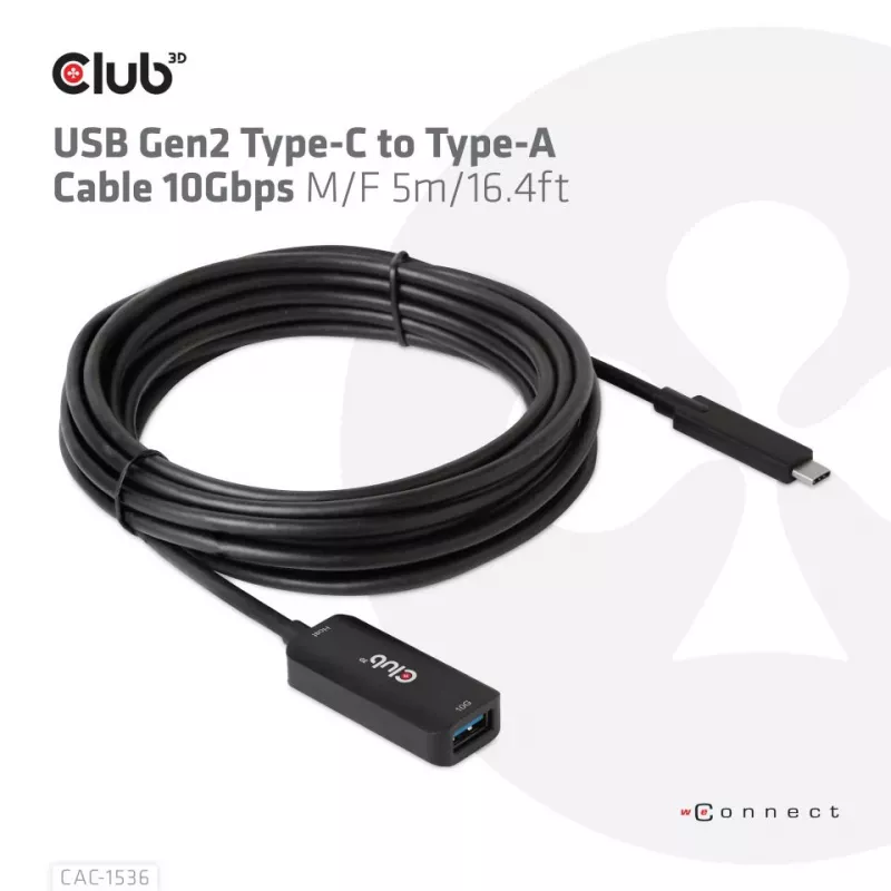 Club 3D CAC-1536 cavo di prolunga USB 3.2 Gen2 da Type-C a Type-A, 10 Gbps, maschio/femmina, 5 m, nero