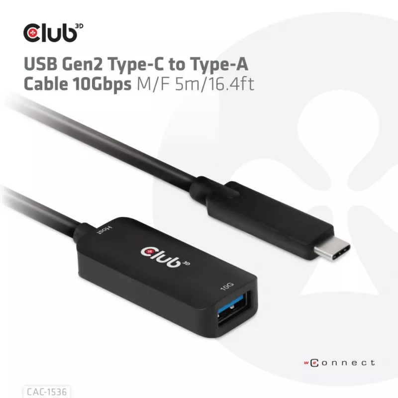 Club 3D CAC-1536 cavo di prolunga USB 3.2 Gen2 da Type-C a Type-A, 10 Gbps, maschio/femmina, 5 m, nero