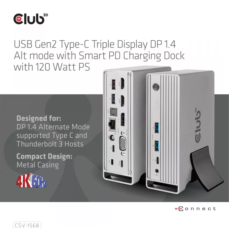 Docking station CLUB3D CSV-1568 case in metallo USB Gen2 Type-C USB Gen2 Type-A HDMI DP VGA RJ45 120W