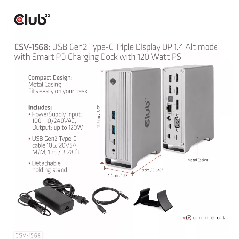 Docking station CLUB3D CSV-1568 case in metallo USB Gen2 Type-C USB Gen2 Type-A HDMI DP VGA RJ45 120W