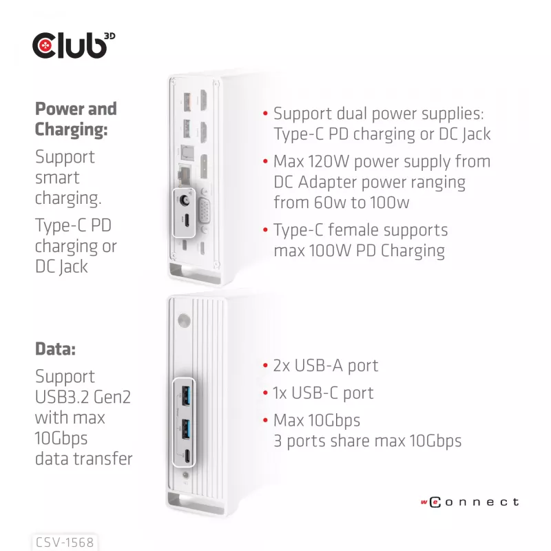 Docking station CLUB3D CSV-1568 case in metallo USB Gen2 Type-C USB Gen2 Type-A HDMI DP VGA RJ45 120W