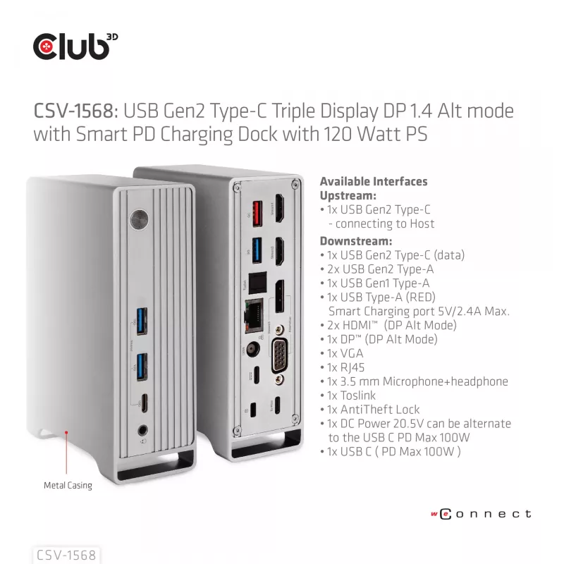 Docking station CLUB3D CSV-1568 case in metallo USB Gen2 Type-C USB Gen2 Type-A HDMI DP VGA RJ45 120W