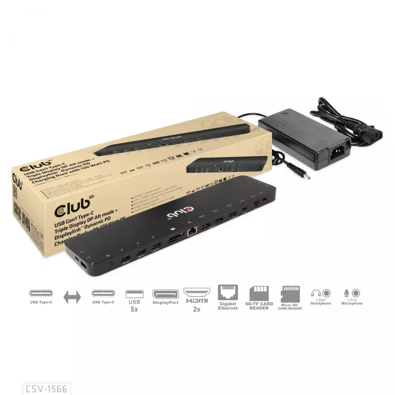CLUB3D USB Gen1 Type-C Triple Display DP Alt Mode Displaylink Dynamic PD Charging Dock con alimentatore da 120 Watt
