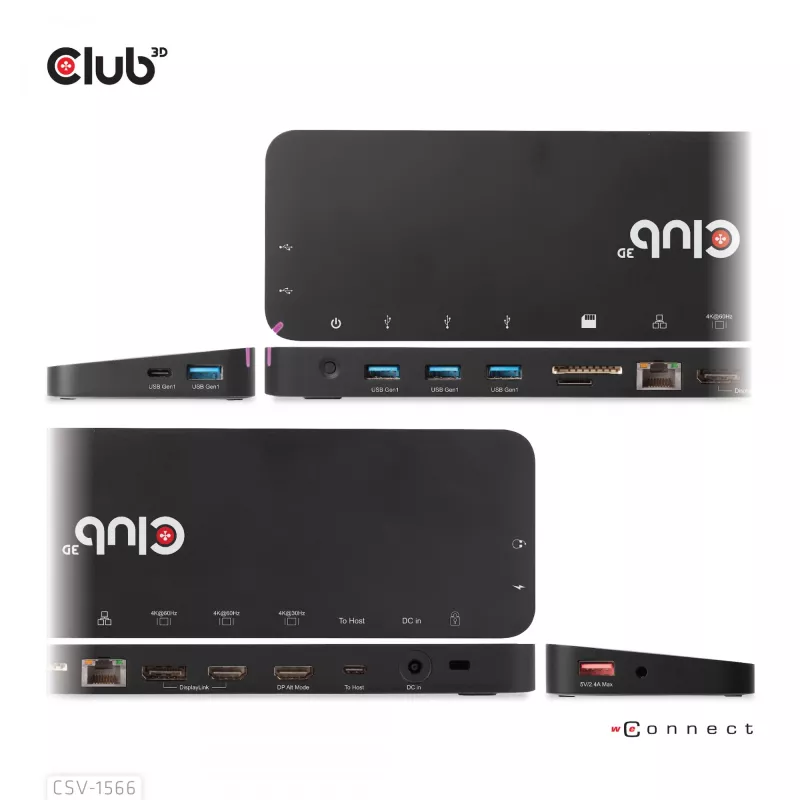CLUB3D USB Gen1 Type-C Triple Display DP Alt Mode Displaylink Dynamic PD Charging Dock con alimentatore da 120 Watt