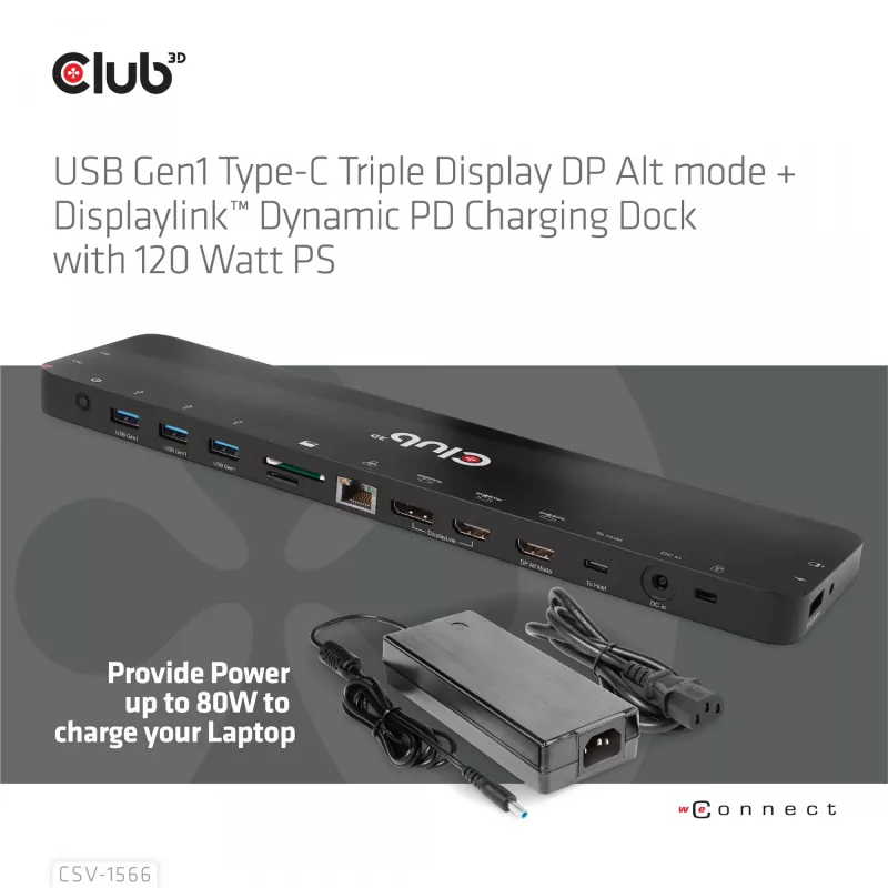 CLUB3D USB Gen1 Type-C Triple Display DP Alt Mode Displaylink Dynamic PD Charging Dock con alimentatore da 120 Watt
