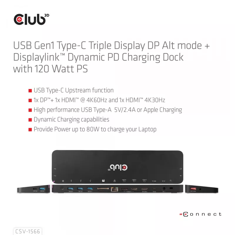 CLUB3D USB Gen1 Type-C Triple Display DP Alt Mode Displaylink Dynamic PD Charging Dock con alimentatore da 120 Watt