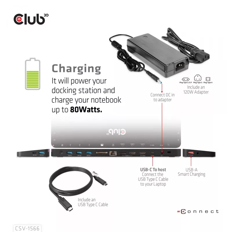 CLUB3D USB Gen1 Type-C Triple Display DP Alt Mode Displaylink Dynamic PD Charging Dock con alimentatore da 120 Watt