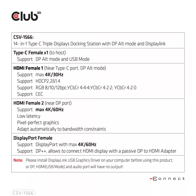 CLUB3D USB Gen1 Type-C Triple Display DP Alt Mode Displaylink Dynamic PD Charging Dock con alimentatore da 120 Watt