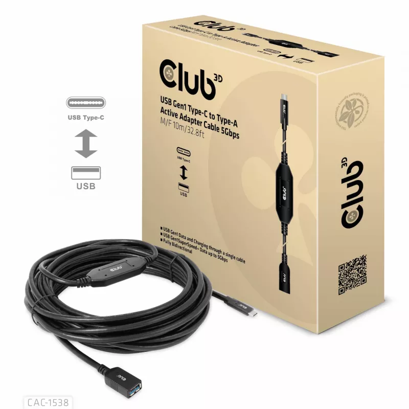 Club 3D CAC-1538 cavo attivo USB-C a USB-A, USB 3.2 Gen1 5 Gbps, maschio/femmina, 10 m, nero