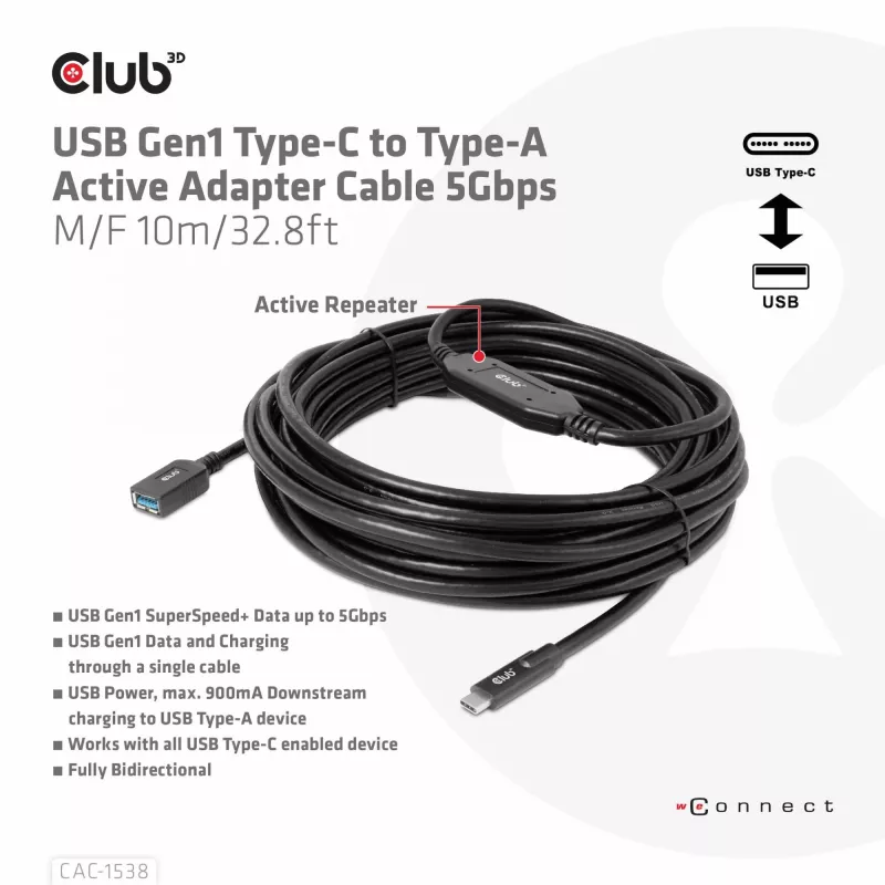Club 3D CAC-1538 cavo attivo USB-C a USB-A, USB 3.2 Gen1 5 Gbps, maschio/femmina, 10 m, nero