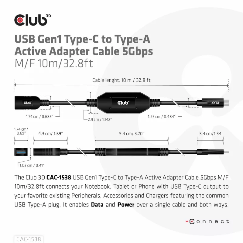 Club 3D CAC-1538 cavo attivo USB-C a USB-A, USB 3.2 Gen1 5 Gbps, maschio/femmina, 10 m, nero