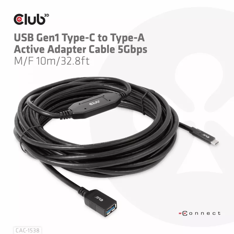 Club 3D CAC-1538 cavo attivo USB-C a USB-A, USB 3.2 Gen1 5 Gbps, maschio/femmina, 10 m, nero