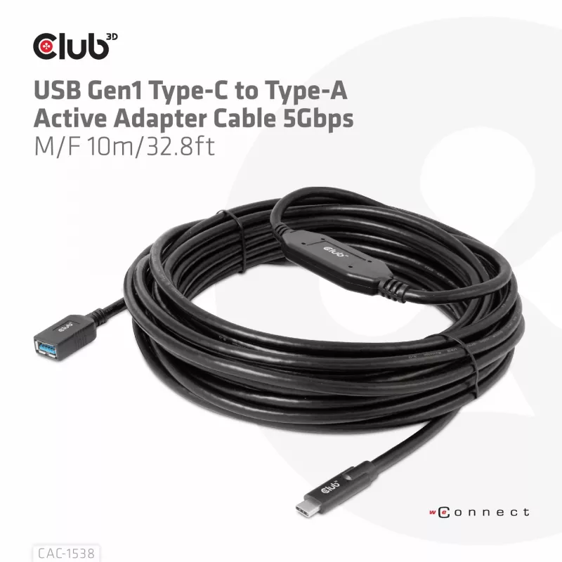 Club 3D CAC-1538 cavo attivo USB-C a USB-A, USB 3.2 Gen1 5 Gbps, maschio/femmina, 10 m, nero