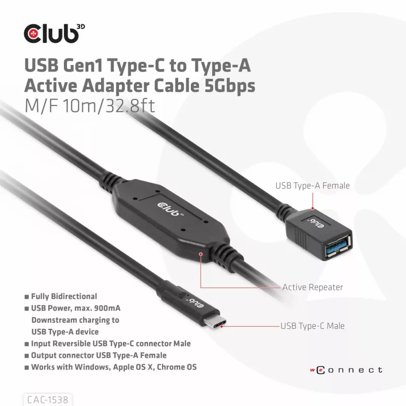 Club 3D CAC-1538 cavo attivo USB-C a USB-A, USB 3.2 Gen1 5 Gbps, maschio/femmina, 10 m, nero