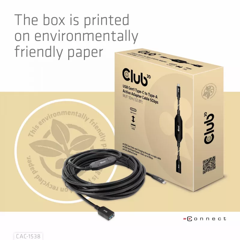 Club 3D CAC-1538 cavo attivo USB-C a USB-A, USB 3.2 Gen1 5 Gbps, maschio/femmina, 10 m, nero