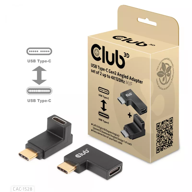 Set di adattatori USB Type-C Gen2 ad angolo, 2 pezzi CLUB3D CAC-1528 — USB-C a USB-C, supporta 4K@120Hz
