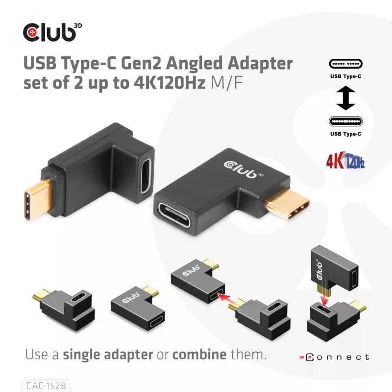 Set di adattatori USB Type-C Gen2 ad angolo, 2 pezzi CLUB3D CAC-1528 — USB-C a USB-C, supporta 4K@120Hz