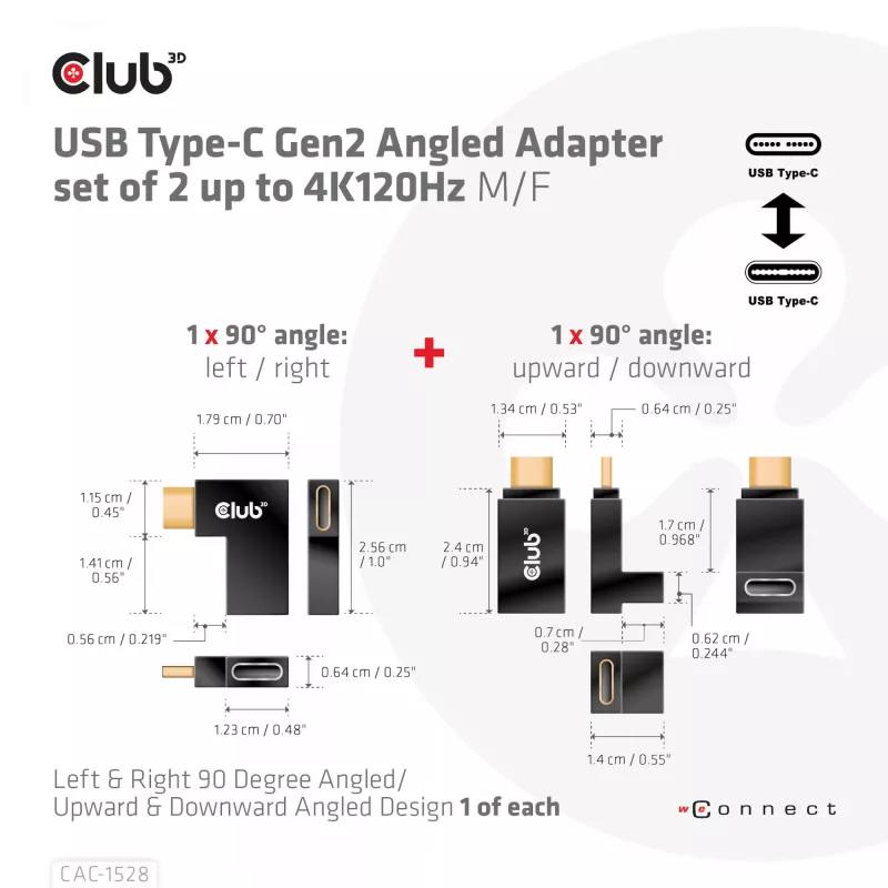 Set di adattatori USB Type-C Gen2 ad angolo, 2 pezzi CLUB3D CAC-1528 — USB-C a USB-C, supporta 4K@120Hz
